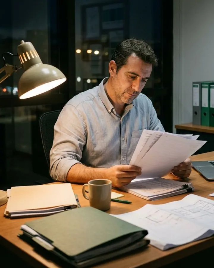 Un técnico de preventa revisa pliegos impresos en su mesa, de noche, con la oficina ya vacía.